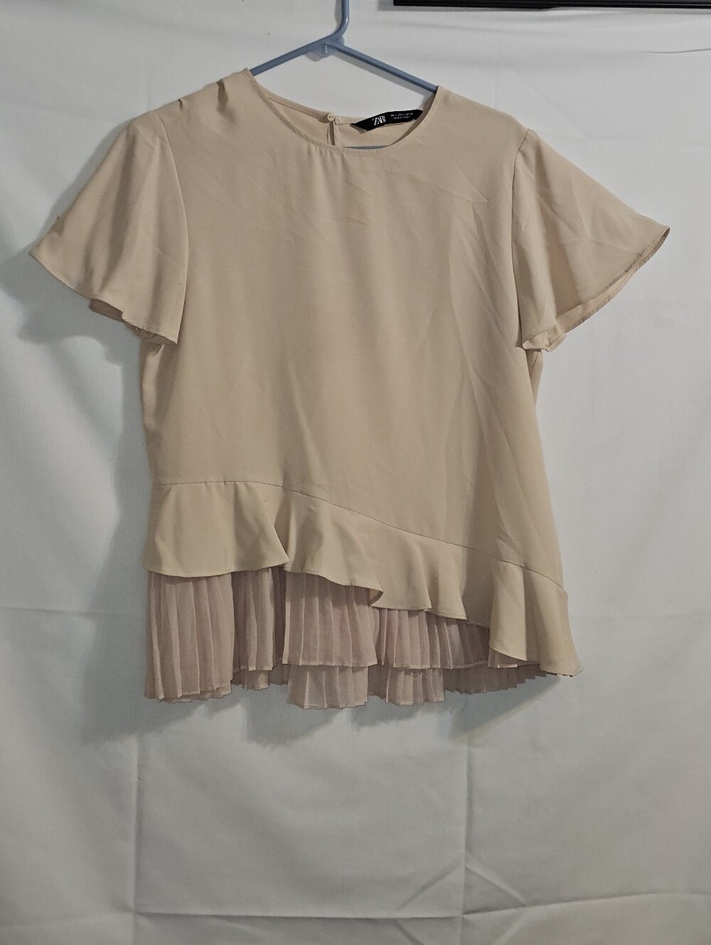 Zara Blush Pink Short Sleeve Top Asymmetrical Ruffle Pleated Size L - Picture 4 of 10